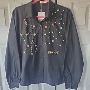 OOPS Woman's Western Cowboy Cowgirl Embellished Black Button-Up Shirt Sz L NWT
